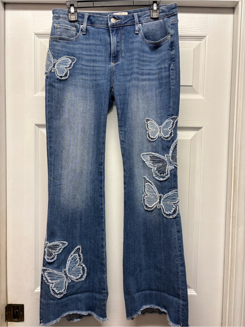 Driftwood Eva Blue Butterfly Patchwork Jeans Flare Raw Edge Uneven Hem 28